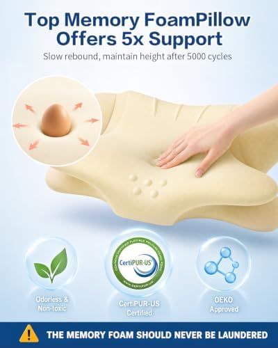 Pain Relief Cervical Neck Pillow, Ergonomic Contour | Q-Max Cooling | Non-Temperature Memory Foam | Side/Back/Stomach Sleeper Support for Sleeping, Reading, Scrolling (GreyishBlue)