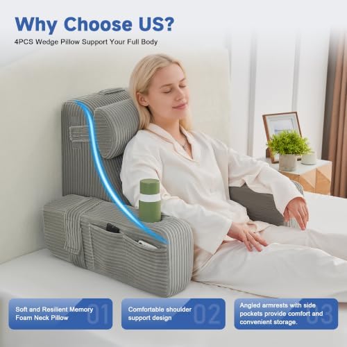 Reading Pillow for Bed, Back Pillow for Bed Sitting Up, Bed Pillows for Sitting Up with Adjustable Armrests, Cup Holder & Large Pocket, Backrest Cushion for Reading, Watching TV (Grey, 4PCS)