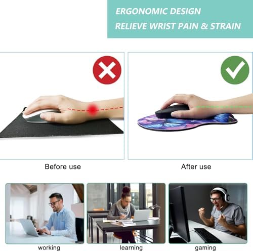 Mouse Pad with Wrist Support, Ergonomic Mouse Pads with Memory Foam Wrist Rest, Easy Typing Pain Relief, Comfortable Home Office Computer Wrist Support Pads for Working Studying, Butterfly Flowers