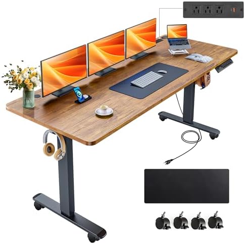 farexon Electric Standing Desk 63 x 24In with Power Outlets,Rolling Stand up Desk with Mouse Pad,Wheels，2 USB Ports & 3 Power Outlets, 4 Caster, 4 Preset Heights Easy to Set for Home Office(Brown)