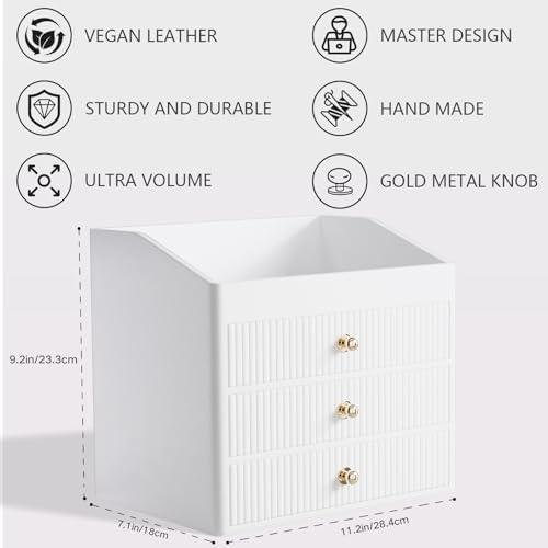 LADSTAG Office Accessories,Begie White Vegan Leather Office Supplies with 3 Drawers & Tray for Desk,Perfume Organizer with Gold-Tone Metal Accents Knob for End Tables,Bedside Table,Bedroom