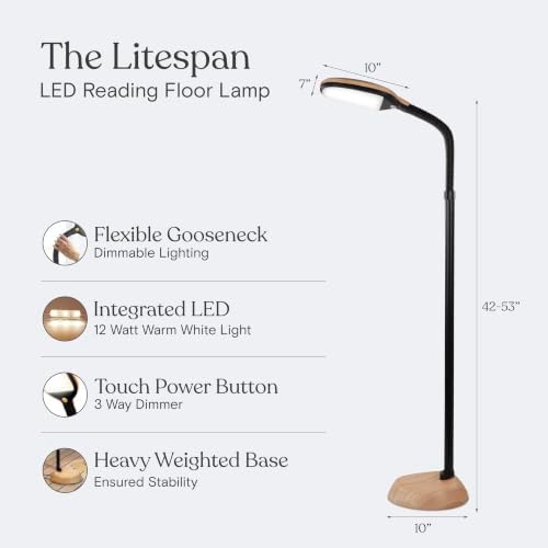 Brightech Litespan - LED Floor Reading Lamp, Modern Wooden Style, Adjustable Gooseneck, 850-950 Lumens, 12W, 3-Year Warranty