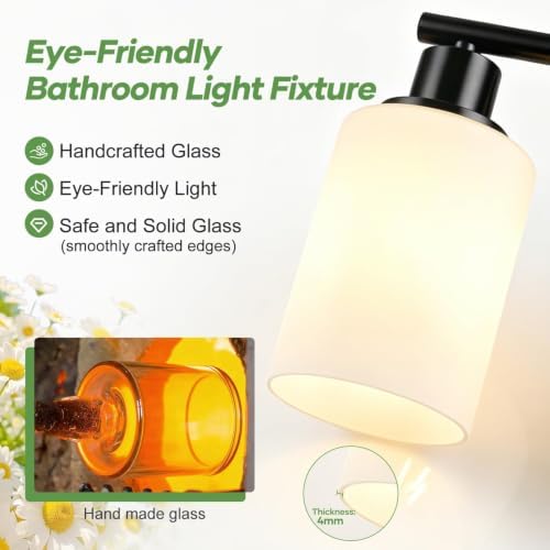 Zarbitta 8-Light Bathroom Light Fixtures, Black Modern Vanity Lights with Milky White Frosted Glass Shades, Bathroom Wall Lamp for Mirror, Living Room, Hallway, Kitchen, Cabinet, Porch