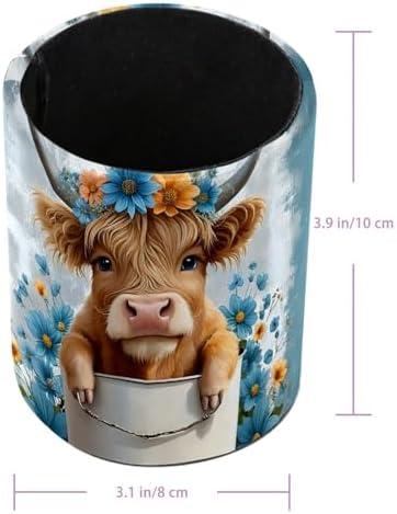 Highland Cow Floral Rustic Pen Holder Pencil Organizer Cute Pencil Cup Desk Decor Makeup Brush Holder PU Multifunctional Office Supplies for Home Classroom School