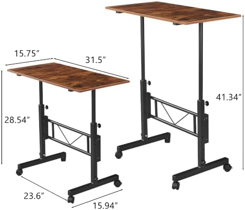 VECELO Small Standing Desk Adjustable Height, Mobile Computer Workstations with Wheels, Portable Rolling Laptop Table for Walking Pad, Home Office, Rustic Brown
