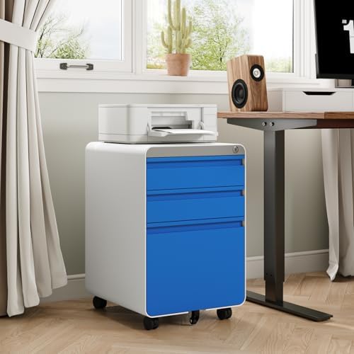 Dripex 3 Drawer Metal Rolling File Cabinet Under Desk Filing Cabinet Blue