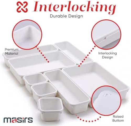 Masirs Interlocking Drawer Organizer Bins - Durable Plastic, Various Sizes for Custom Layout Design. Great for Desk Drawer, Tool Box or Garage Organization. (White | 8-Piece Set)