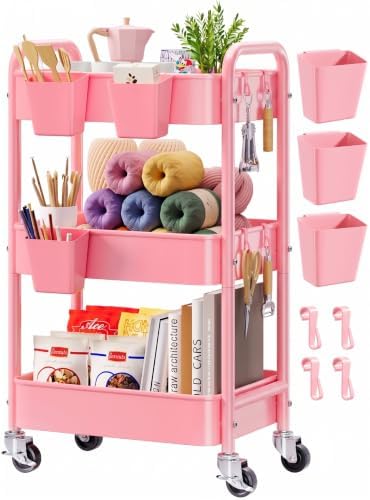 3 Tier Rolling Cart Metal with Lockable Wheels,Pink Baby Diaper Caddy Carts