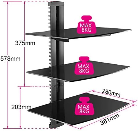 suptek 3 Floating Shelf Wall Bracket with Strengthened Tempered Glass for DVD Players/Cable Boxes/Games Consoles/TV Accessories, 3 Shelves, Black, CS303
