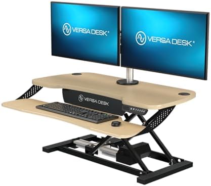 VERSADESK PowerPro Elite 36” x 24" – App Controlled Electric Standing Desk Converter w/USB Charging Port. Raises up to 20”. Fully Assembled – Includes LED Lights. Supports 80 lbs. – Maple
