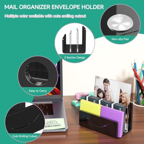 Mail Organizer Envelope Holder - 3 Compartments Black Acrylic Mail Holder Countertop Home Office Desk Organizer Small File Sorter Vertical Bill Letter Paper Document Storage Rack