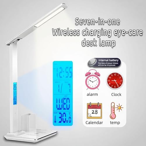 AYI Multifunctional Wireless Charging Desk Lamp – 15W Fast Charger, Digital Alarm Clock & Temp Display, 3CCT 5-Level Dimming, Touch Control, 180° Rotatable LED Lamp, HYT1771 White.