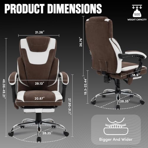 Massage Office Chair with Footrest,6-Point Vibration & Heat Executive Office Chairs,Ergonomic Desk Chair for Heavy People,Recliner with Padded Armrest,500LBS Big and Tall Office Chair,Brownwhite