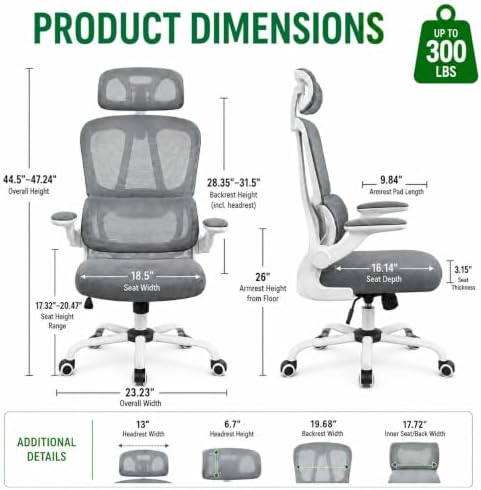 Ergonomic Mesh Office Chair, Headrest, Lumbar Support, Flip-up Arms