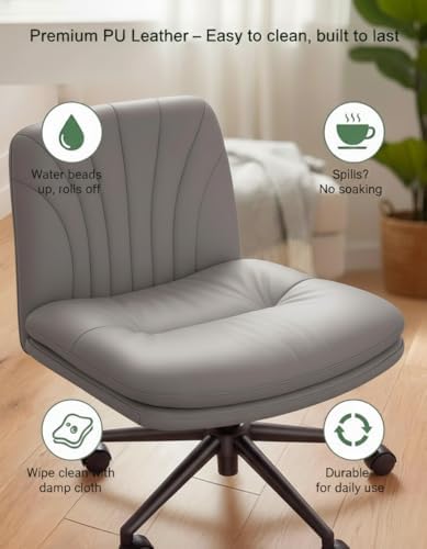Marsail Criss Cross Office Chair with Wheels, Armless Wide Desk Chair for Active Sitting, PU Leather Cross Legged Chair for Home Office, Pet-Friendly & Easy Clean, Grey