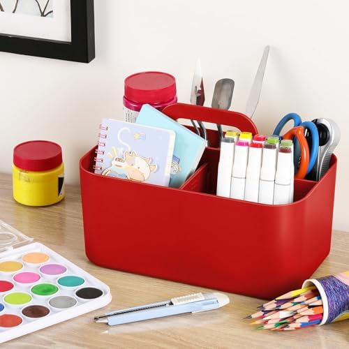 Multiuse Caddy Organizer with Handle, Portable Divided Plastic Tote Bin - Art Craft, Stationary Pen Marker Crayons, Makeup Hair Supplies Storage - Bathroom, Classroom, Dorm, Office, Desk Holder - Red