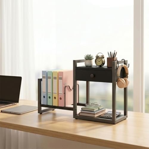 MAHANCRIS Desktop Shelf Organizer, 2-Tier Wooden Desk Bookshelf, Small Tabletop Book Shelf with Draw and Hooks, Countertop Storage Rack for Home, Office, Dorm, Black POBK2201