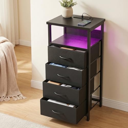 Fixwal Night Stand with Charging Station, Black Led Nightstand, 4 Drawers