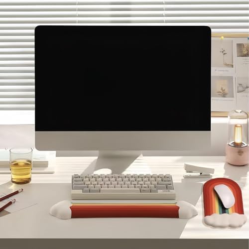 Cute Rainbow Mouse Pad with Wrist Rest for Mouse Pad Gel Cloud Keyboard Wrist Rest PU Base Silicone Ergonomic White Cloud Mouse Wrist Pad Support for Gaming Desk Laptop Home Office