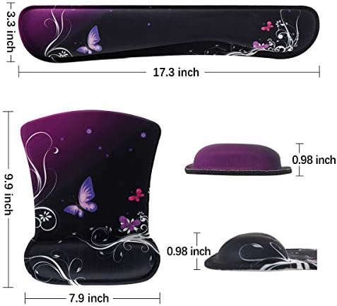 ToLuLu Keyboard Wrist Rest Pad Ergonomic Mouse Pad Set, Mouse Pad for Computer Laptop, Non Slip Mousepad Keyboard Wrist Support with Raised Memory Foam for Easy Typing Pain Relief, Purple Butterfly