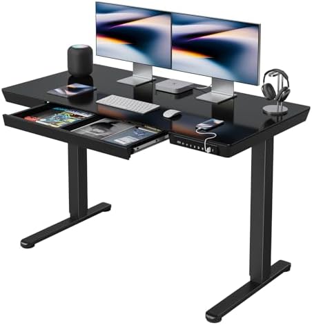 FEZIBO 48 Inch One-Piece Standing Desk with Glass Top and Drawer, Black