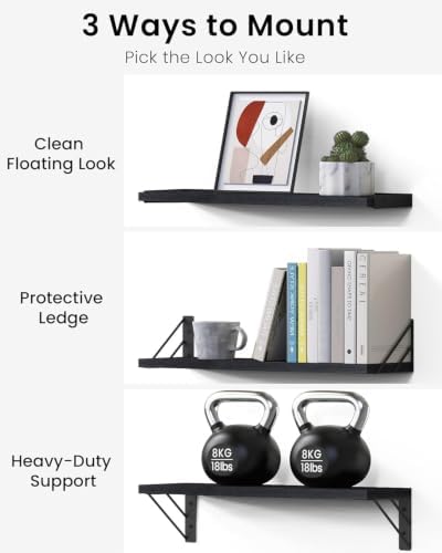 BAYKA Wall Mounted Black Floating Shelves for Wall (Set of 4, 16" Uniform)