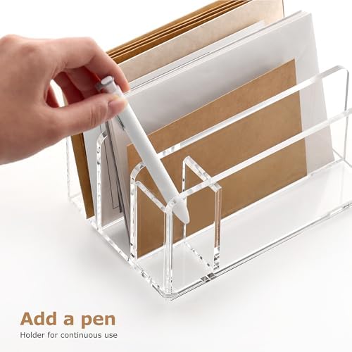SANRUI Acrylic Mail Sorter Desk Organizer with Pen Holder, 3 Compartments