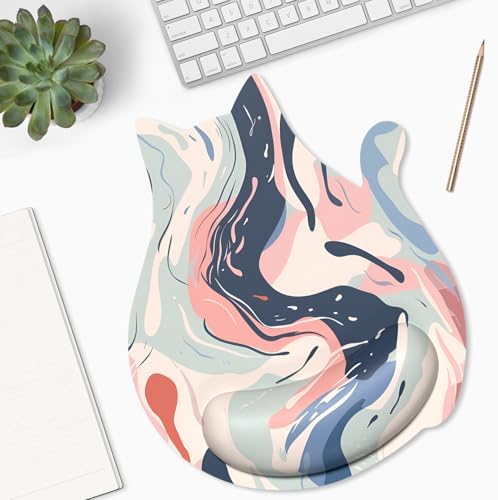 Ergonomic Mouse Pad with Wrist Rest, Cute Cat Memory Foam Padded Pain Relief Non-Slip Wrist Support Mouse Mat for Gaming Work Computer Laptop, Funny Office Supplies Desk Accessory, Fluid Art