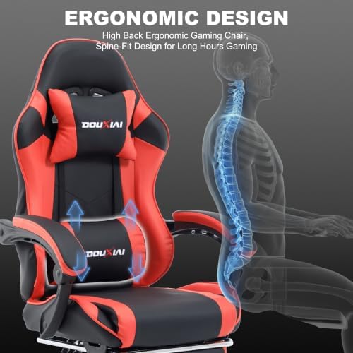 Ergonomic Gaming Chair with Footrest,Video Gaming Chair for Adults,Red
