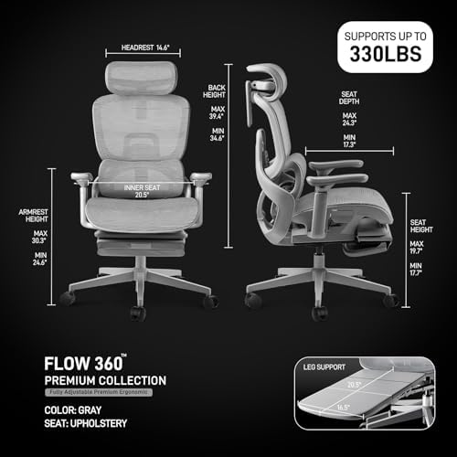 FLOW360 Ergonomic Mesh Office Chair with Footrest, Big&Tall Chair Gray MS
