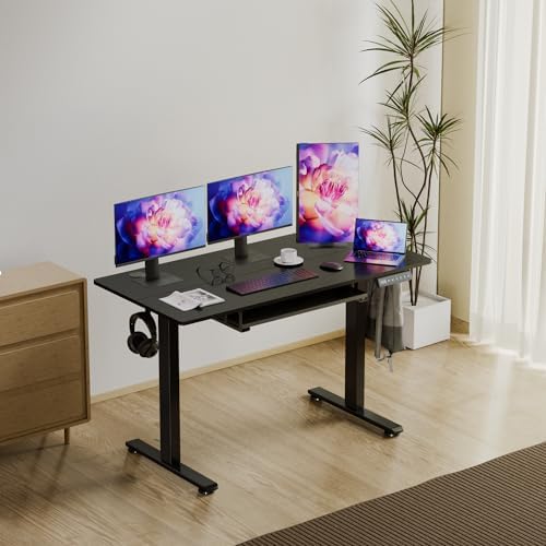 Electric Height Adjustable Standing Desk with Keyboard Tray, 48 * 24 Inch Sit Stand Up Desk, Ergonomic Computer Desk with 2 Headphone Hook for Home Office Sturdy Writing Workstation, Gaming