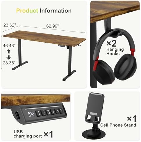 Furmax 63 Inches Electric Standing Desk, Home Office Desk with Phone Holder