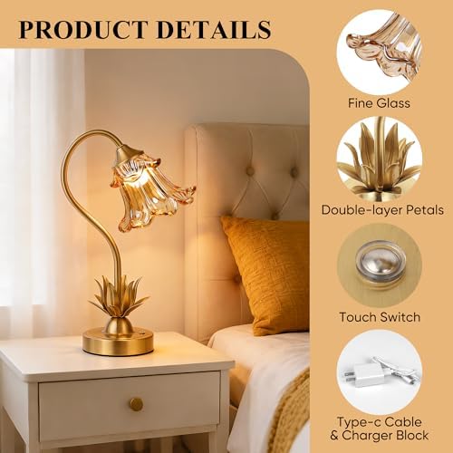 PARTPHONER Cordless Flower Table Lamp with Glass Lampshade, 5000mAh Rechargeable Battery, 3-Color Dimmable Touch Control, Portable Desk Lamp for Nightstand, Patio, Camping, Restaurant & Home, Amber