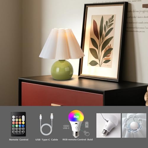 Rechargeable Cordless Green Small Table Lamp, Battery Operated Remote Control LIght Mini Cute Table Lamps for Bedroom Nightstand, Cute Small Table Lamp for Small Spaces for Kitchen Counter, Bookshelf