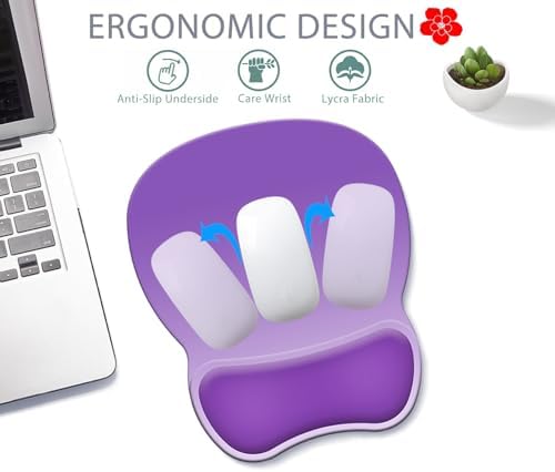 Ergonomic Mouse Pad with Wrist Rest, Comfortable Gel Concave Mouse Pad with Non-Slip Base, Pain Relief Mouse Pads with Smooth Wrist Support for Office & Home (Gradient Purple)