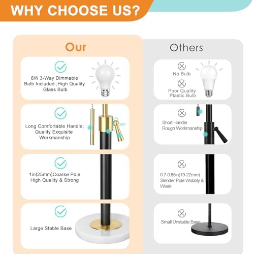 Qingmiao Floor Lamp for Living Room Adjustable Tall Standing Lamp, 3-Way Dimmable Floor Lamp for Bedroom Office, Black Gold Lamp with Marble Base and White Linen Shade