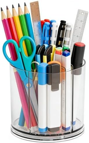 Yieach 360 Rotating Acrylic Clear Pen Holders and Pencil Cups for Desk,Small Cute Desk Organizers Accessories and Makeup Brush Holder,Spinning Pencil Caddy School Supplies Organizer for Teacher,1PCS