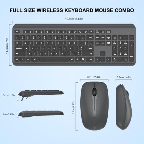 Wireless Keyboard and Mouse Combo, Full-Size Silent Ergonomic Keyboard and Optical Mouse, Long Battery Life, 2.4G Lag-Free Mice Keyboard for Computer, Mac, Laptop, PC, Windows(Gray)