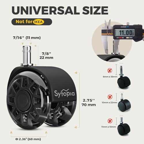 Sytopia Office Chair Wheels Replacement, 2.5 Inch Heavy Duty Caster Set, for Carpet and Hardwood Floors, Universal Size 11x22mm, Fits 99%, Black