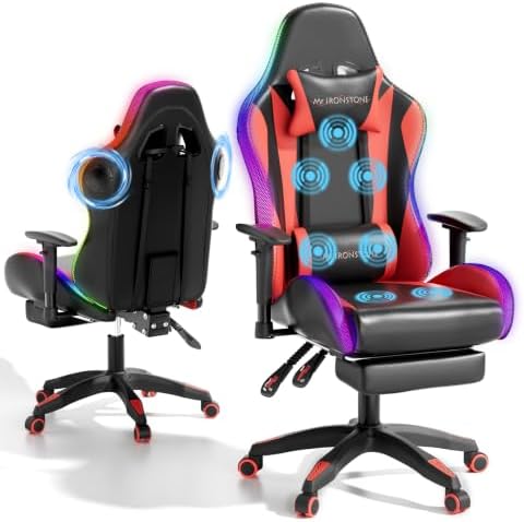 Mr IRONSTONE RGB Gaming Chair with Bluetooth Speakers, Multi-Point Vibration Massage Gaming Chair (Seat, Back & Lumbar), Ergonomic High Back Recliner, Footrest for Adults, Iridescent Red