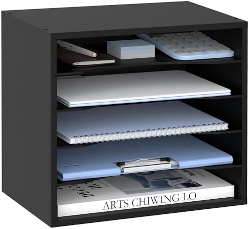 5 Tier Wood Desk Organizer, Mail Sorter and Paper Organizer for Desk, Black