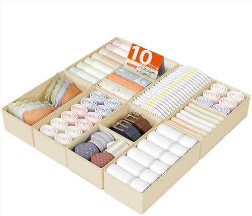 DIMJ Drawer Organizers Clothes, Set of 10 Dresser Organizer Bins, Fabric Closet Organizers and Storage, Shallow Drawer Dividers for Nursery, Clothing, Baby Clothes, Socks, Underwears, Tie (Beige)