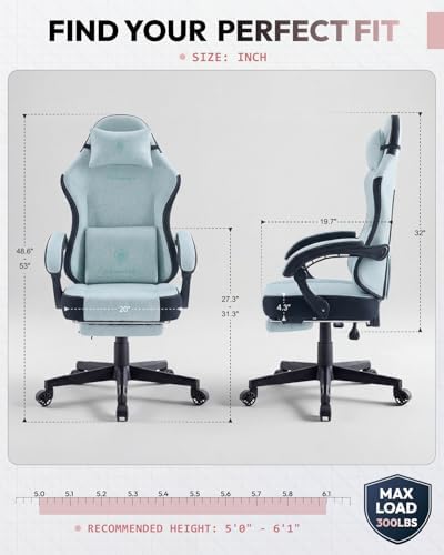 Dowinx Gaming Chair, Fabric Gaming Chairs for Adults with Pocket Spring Cushions and Lumbar Support, Ergonomic Massage Computer Chair with Footrest for Big and Tall, Aqua