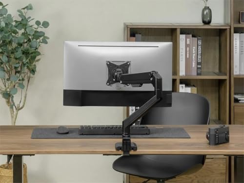 Monoprice Low Profile Single Monitor Gas Spring Desk Mount - Up to 32in/19.8 lbs Screens, Detachable VESA 100x100/75x75 Plate, 180 Degree Wall Stop, Topside Installation