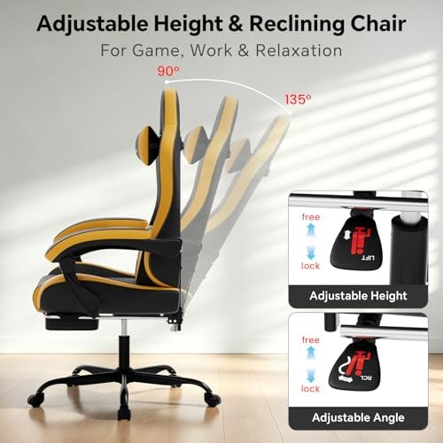 Gaming Chair, Computer Office Chair with Footrest, Adjustable Height & Backrest Gaming Chairs with Swivel for Adults, High Back PU Leather Ergonomic Chair with Lumbar Support, Blackyellow