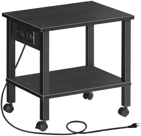HOOBRO 2-Tier Printer Stand with Charging Station, Under Desk Printer Table, Printer Cart with Storage Shelves, Shelf for Small Spaces, for Home Office, Black BK38UPS01