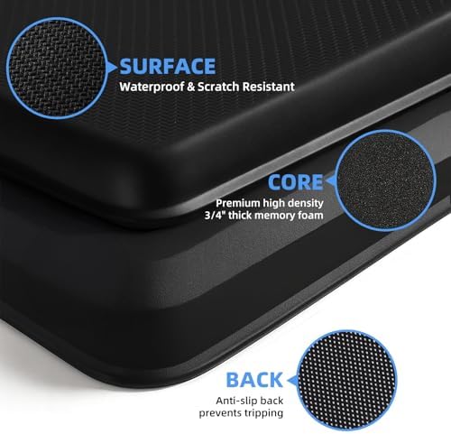 Kitchen Mat Cushioned Anti Fatigue, 0.75" Waterproof,Non Slip Kitchen Rugs, Memory Foam Comfort Mat for Standing at Home,Office,Sink,Laundry(20"x47.2" Black)