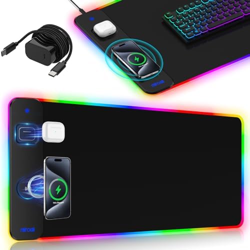 Magnetic Charging Mouse Pad 31.5x15.75, 15W Fast Wireless Charging Desk Mat, XXL Desk Pad RGB Gaming Mousepad, Home Office Large Keyboard Pad with Ultra-Smooth Surface, Non-Slip Base