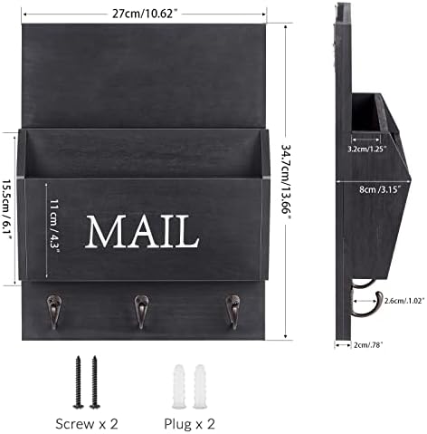 DLQuarts Solid Wood Mail Organizer with Key Holder for Wall, Mail Sorter Wall Mounted, Decorative Wooden Key and Mail Holder with 3 Hooks, Matte Black
