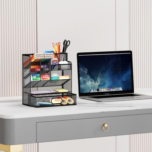 Mesh Pen Organizer for Desk, 13 Compartments with Drawer, Black